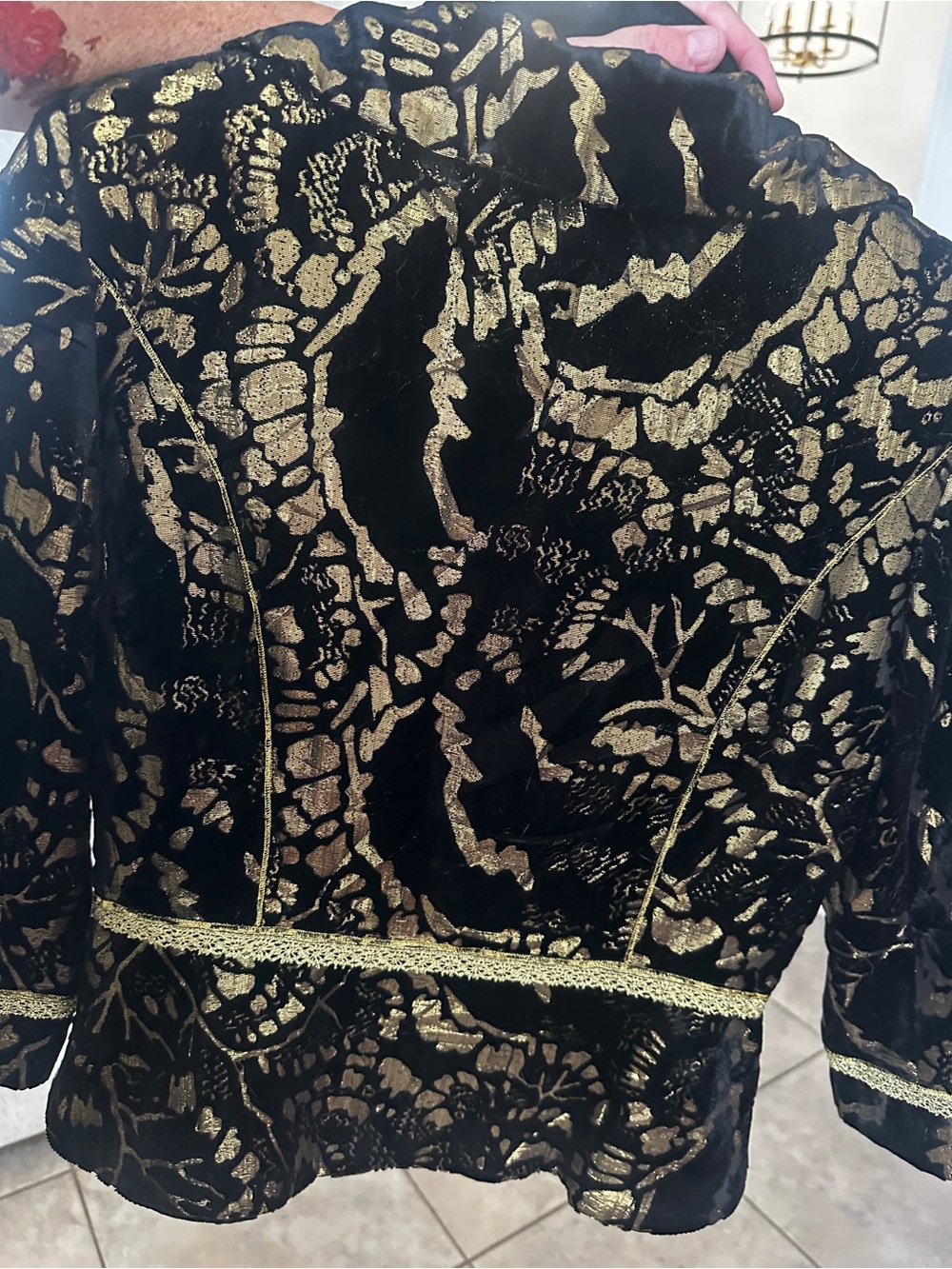 Cynthia Steffe Black Velvet Jacket with Metallic Gold Floral Motif